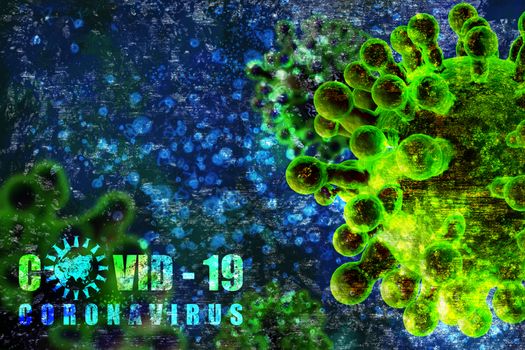 Illustration of corona viruses, covid-19 with text on blue particles background. Contagion and propagation of a disease. 3D illustration.