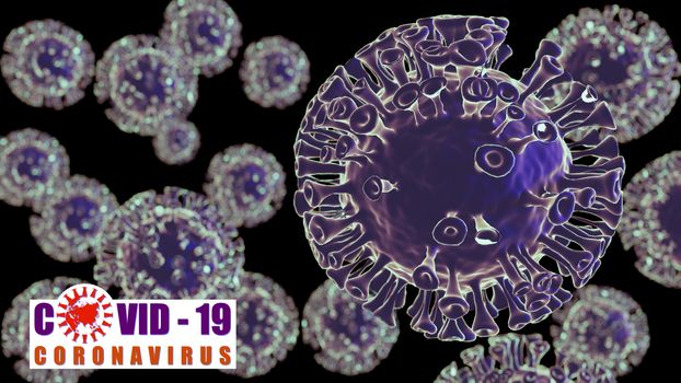 Illustration of corona viruses, covid-19 with text on black background. Contagion and propagation of a disease. 3D illustration.