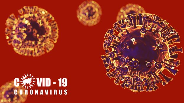 Illustration of corona viruses, covid-19 with text on red background. Contagion and propagation of a disease. 3D illustration.
