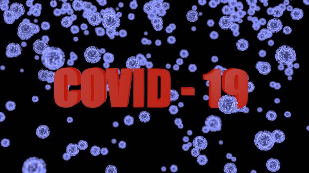 Particle of corona viruses, covid-19 floating with red text on black background. Contagion and propagation of a disease. 3D illustration.