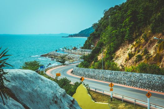 Chanthaburi, Thailand - 18 March 2020: Chalerm Burapha Chonlathit Highway from Noen Nang Phaya Viewpoint and is a beautiful landmark of Chanthaburi Province, Thailand