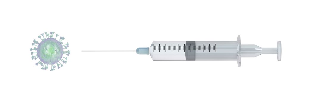 3D illustration with virus and syringe. Concept image of coronavirus disease COVID-19 pandemic.