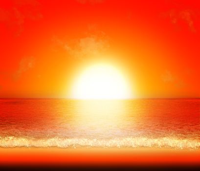Beach at sunset. The setting sun is orange and yellow colors above the ocean. 3D illustration.