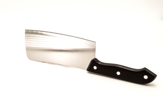 Meat cleaver with black handle on a white background