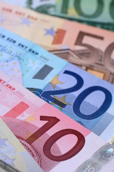 Several euro banknotes. European money concept. Close up