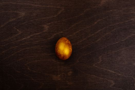 One big golden easter egg on dark wooden background copy space for text