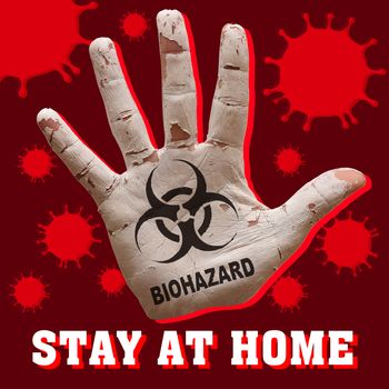 man hand palm painted caution virus biohazard symbol