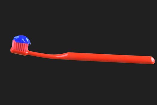 Red toothbrush and blue toothpaste isolated on the black background