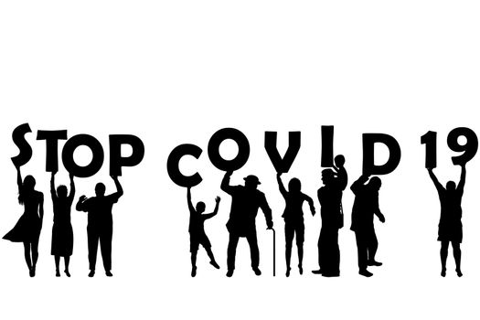 STOP COVID 19 (Coronavirus) with silhouette of women, men and children holding letters