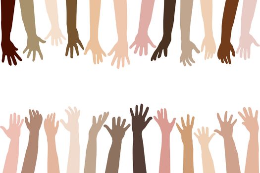 Raised hands of different race skin