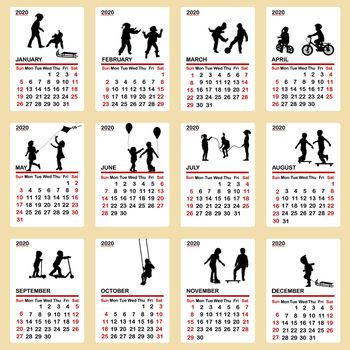 2020 calendar with silhouettes of children