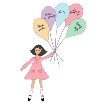 Cartoon girl holding balloons with positive slogans