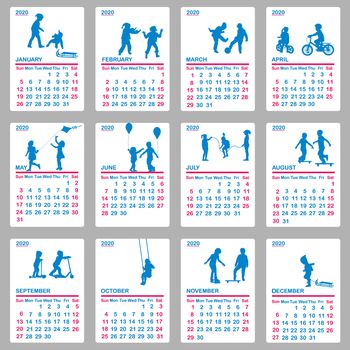 2020 Calendar with blue silhouettes of children playing