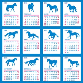 2020 calendar with blue horses silhouettes