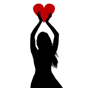 Woman silhouette holding a big red heart in her hands