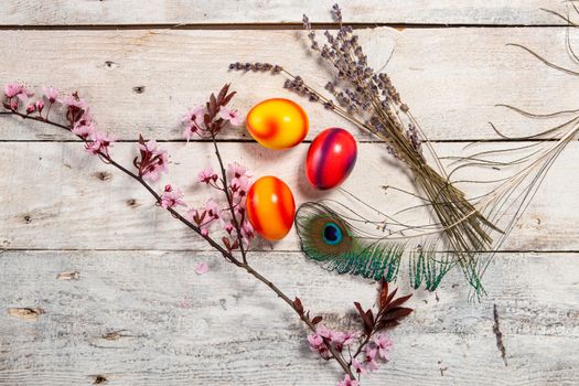 colored easter egg on wood background with copy space