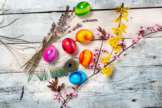 colored easter egg on wood background with copy space