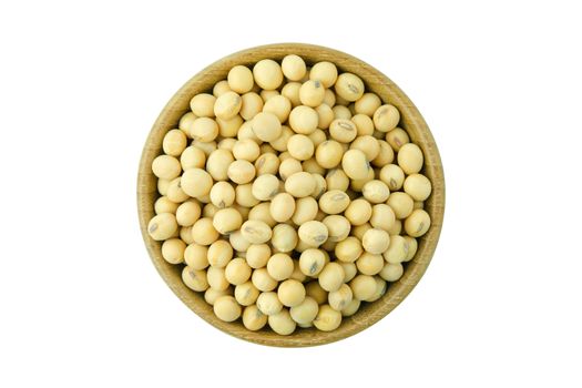 Soy beans in bowl wood top view isolated on white background with clipping path
