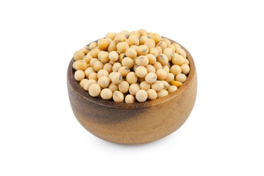 Soy beans in bowl wood isolated on white background with clipping path

