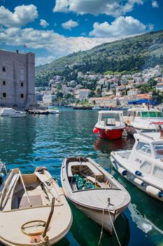 Small boats in a harbor in Dubrovnik, Croatia