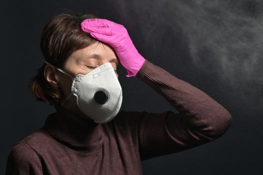 Woman Wearing Medical Protective Virus Mask on dark background