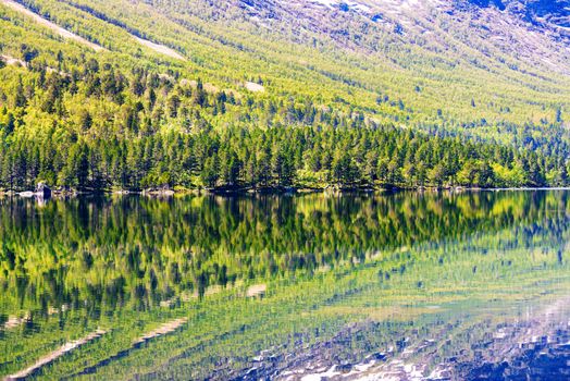 View on mountain lake with reflections in Norway