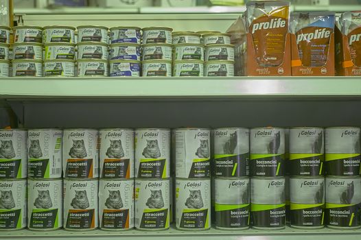 FRATTA POLESINE, ITALY 18 MARCH 2020: Shelves of a grocery store