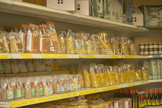 FRATTA POLESINE, ITALY 18 MARCH 2020: Shelves of a grocery store