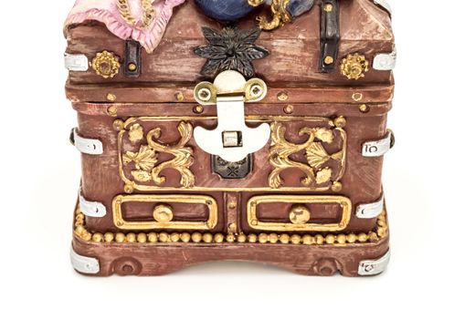 Front side of an old treasure chest on white background