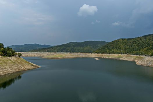 View of the Topolnitsa dam, reservoir, lake or barrage on the river Topolnitsa near village Muhovo, Ihtiman region, Bulgaria, Europe