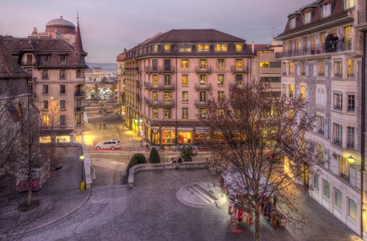 Park and old buildings by sunset, Geneva, Switzerland - HDR