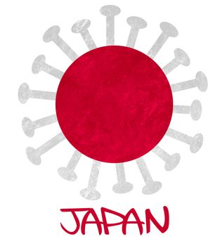 The Japanese national flag with corona virus or bacteria - Isolated on white