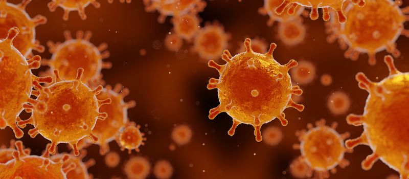 corona virus 2019-ncov flu outbreak, SARS pandemic risk concept, microscopic view of floating influenza virus cells, 3D rendering background, yellow and orange colors