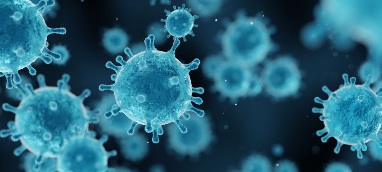 corona virus 2019-ncov flu outbreak, covid-19, microscopic view of floating influenza virus cells, 3d illustration China corona virus