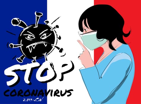Pandemic Stop. Novel Coronavirus outbreak in France covid-19 2019-nCoV symptoms. Quarantine, self-isolation with protective mouth cap mask. Vector concept illustration. EPS 10
