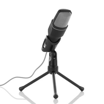 A black and grey microphone on white surface with reflection