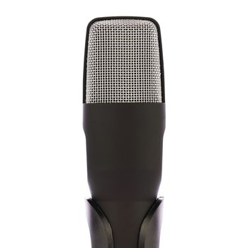 A broadcast microphone isolaed on a white background