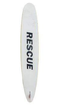 Isolated Grungy Old Lifeguard Rescue Surfboard From Waikiki, Hawaii