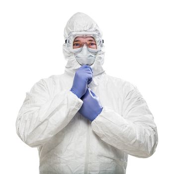 Man Wearing Hazmat Suit, Goggles and Medical Face Mask Isolated On White.