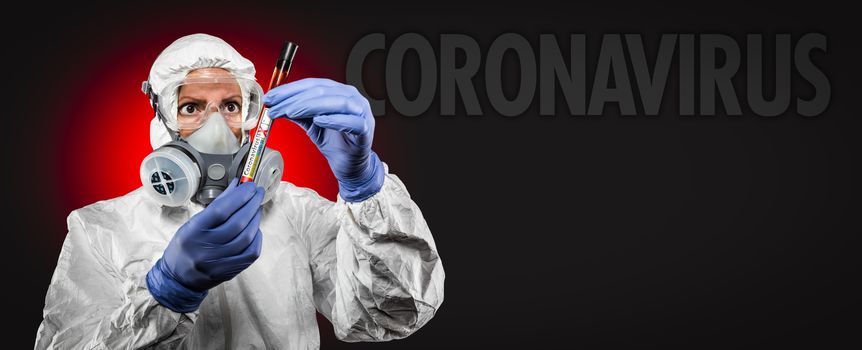 Banner of Female Doctor or Nurse In Medical Protective Gear Holding Positive Coronavirus Test Tube With Coronavirus Text Behind.