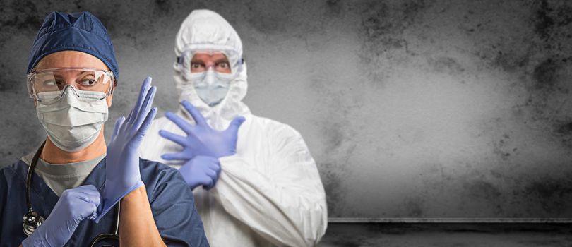 Female and Male Doctors or Nurses Wearing Scrubs and Protective Mask and Goggles Banner.