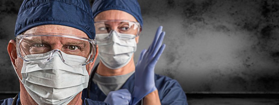 Female and Male Doctors or Nurses Wearing Scrubs and Protective Mask and Goggles Banner.