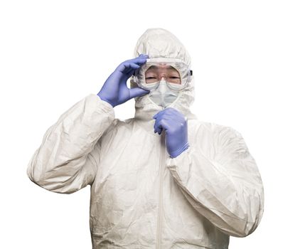 Chinese Man Wearing Hazmat Suit, Goggles and Mask Isolated On White.