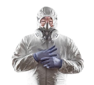 Chinese Man Wearing Hazmat Suit, Goggles and Gas Mask Isolated On White.