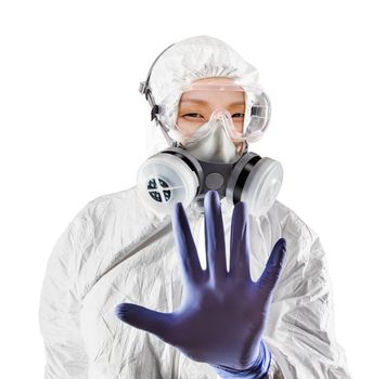 Chinese Woman Wearing Hazmat Suit, Protective Gas Mask and Goggles Isolated On White.