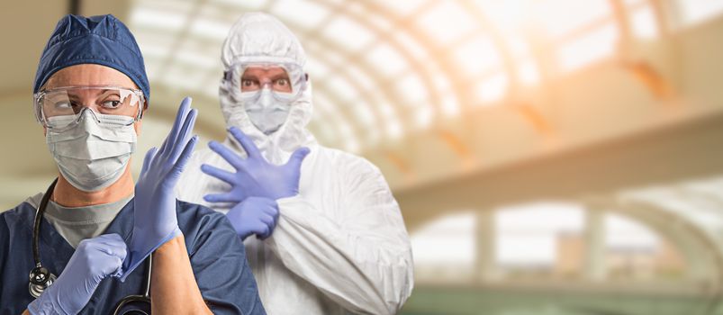 Banner of Doctors or Nurses Wearing Protective Face Mask and Surgical Gloves In Hospital.