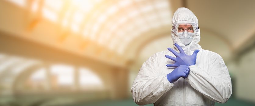 Banner of Male Doctor or Nurse Wearing Protective Face Mask and Surgical Gloves In Hospital.