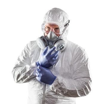 Man Wearing Hazmat Suit, Goggles and Gas Mask Isolated On White.