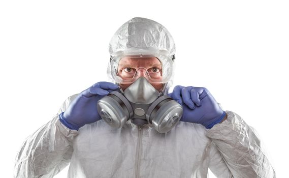 Man Wearing Hazmat Suit, Goggles and Gas Mask Isolated On White.