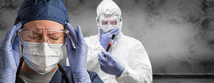 Female and Male Doctors or Nurses Wearing Scrubs and Protective Mask and Goggles Banner.